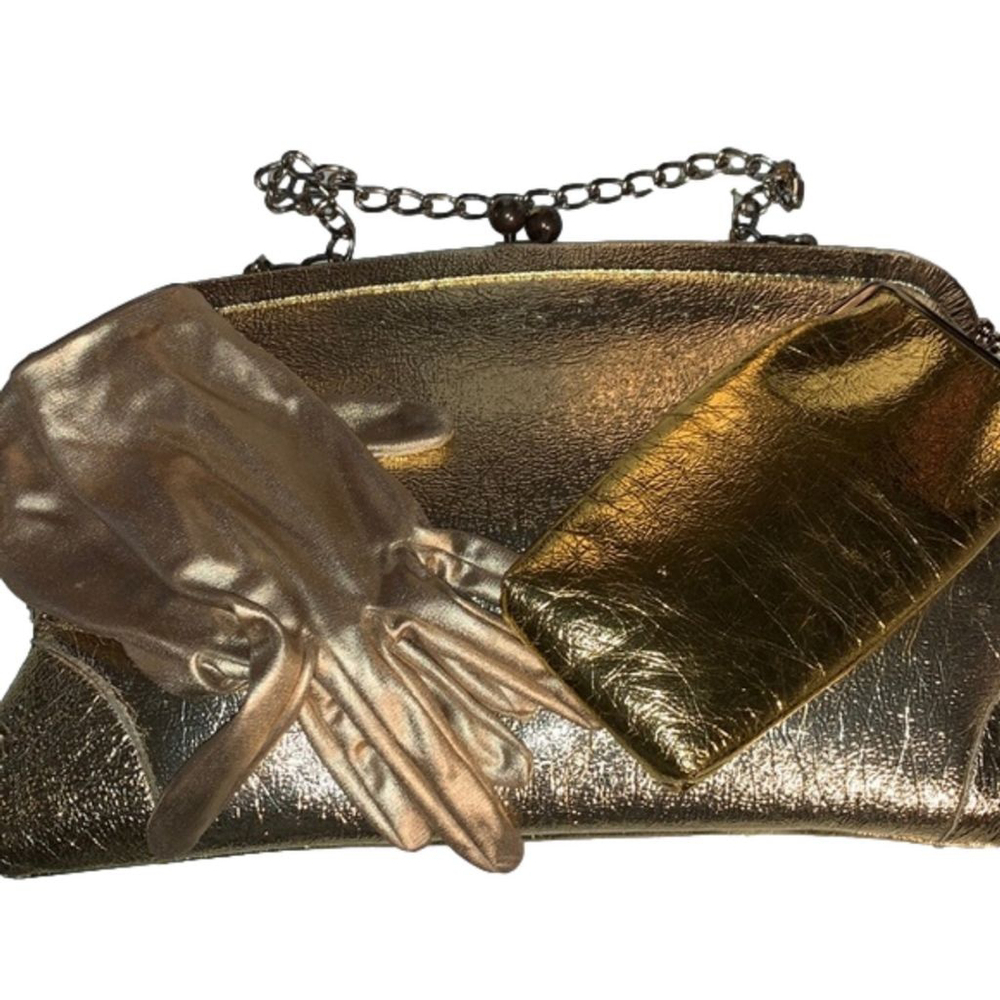 Ingber Vintage gold leather look purse gloves glasses case